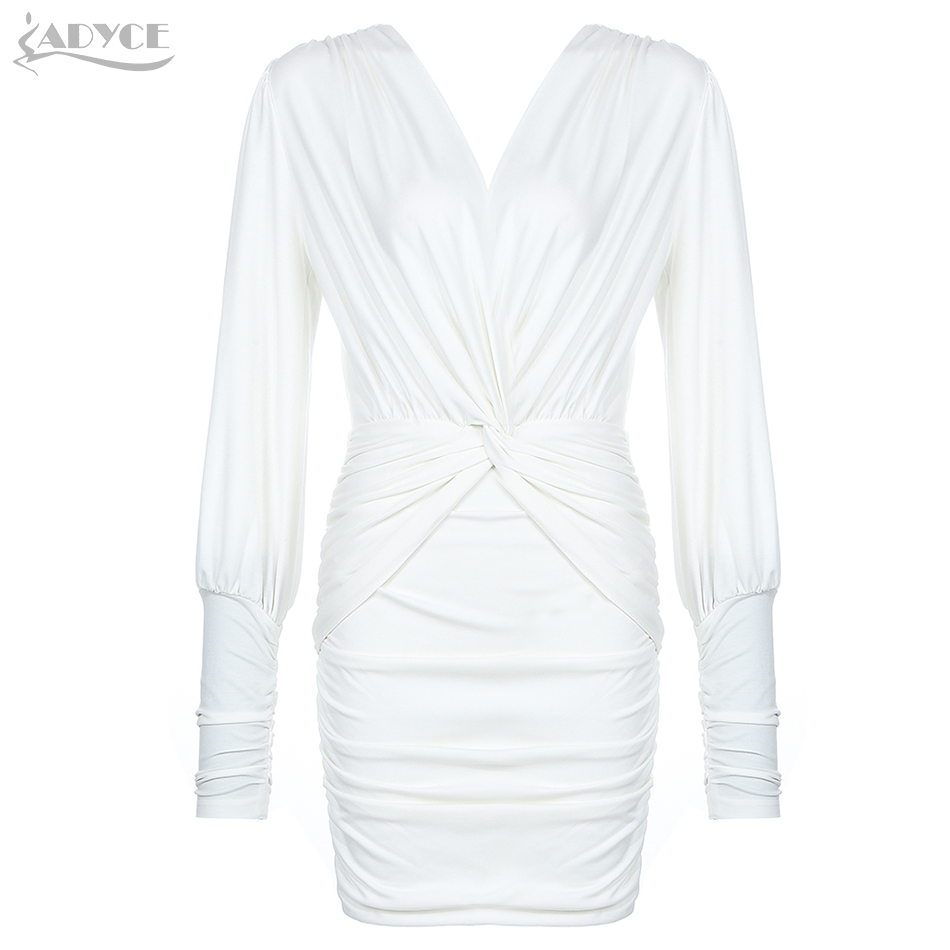   New Winter White Long Sleeve Bodycon Celebrity Evening Party Dress Women Sexy V Neck Draped Mini Club Dress Vestidos