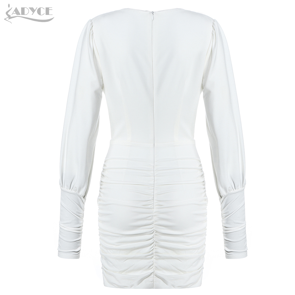   New Winter White Long Sleeve Bodycon Celebrity Evening Party Dress Women Sexy V Neck Draped Mini Club Dress Vestidos