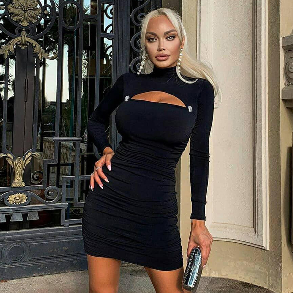   New Autumn Long Sleeve Women Bandage Dress Sexy Hollow Out Black Club Celebrity Evening Runway Party Dresses Vestidos