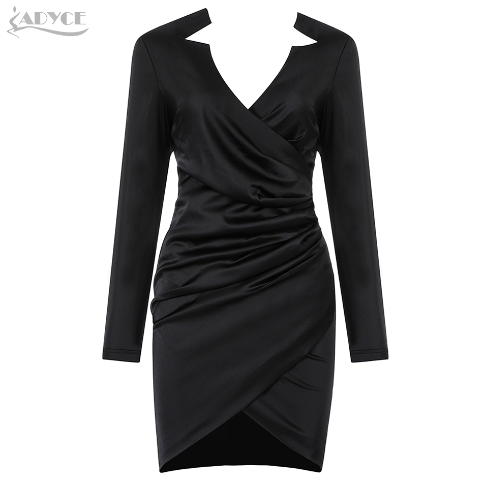   New Autumn Black Long Sleeve Celebrity Evening Party Dress Women Sexy V Neck Draped Mini Bodycon Club Dress Vestidos