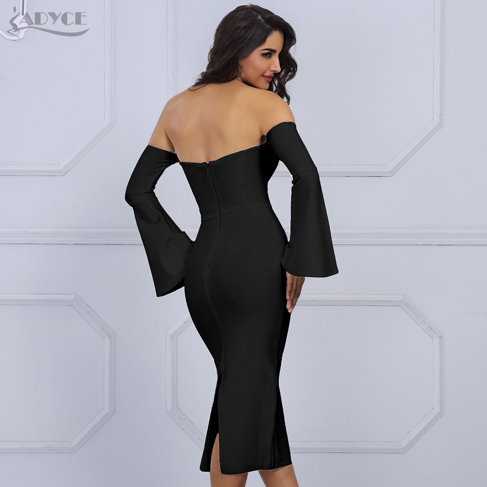   New Winter Women White Bandage Dress Elegant Celebrity Evening Party Dress Sexy Flare Sleeve Black Midi Dress Vestido