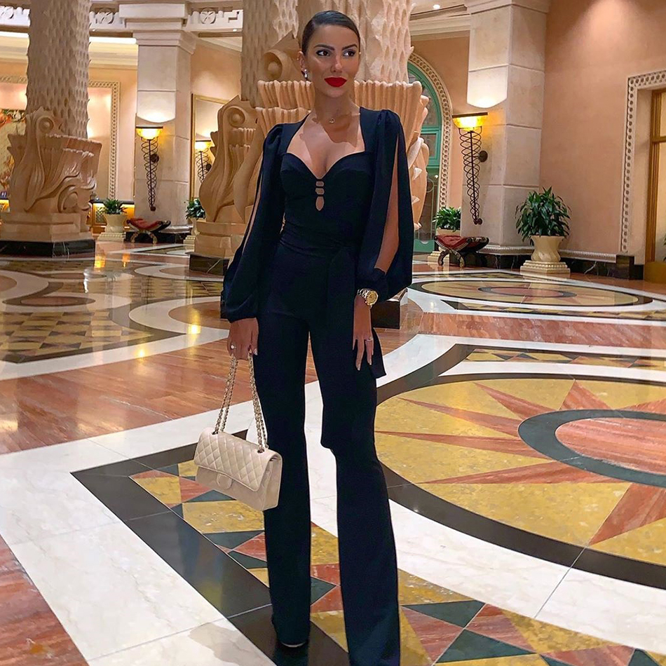   New Autumn Black Red Celebrity Evening Party Jumpsuit Rompers Sexy Hollow Out Long Sleeve Fashion Club Long Jumpsuits