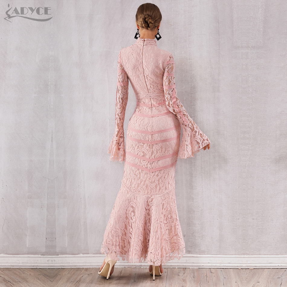   New Summer Women Long Sleeve Bandage Dress Sexy Pink Black Lace Mermaid Maxi Club Dress Celebrity Party Dress Vestido