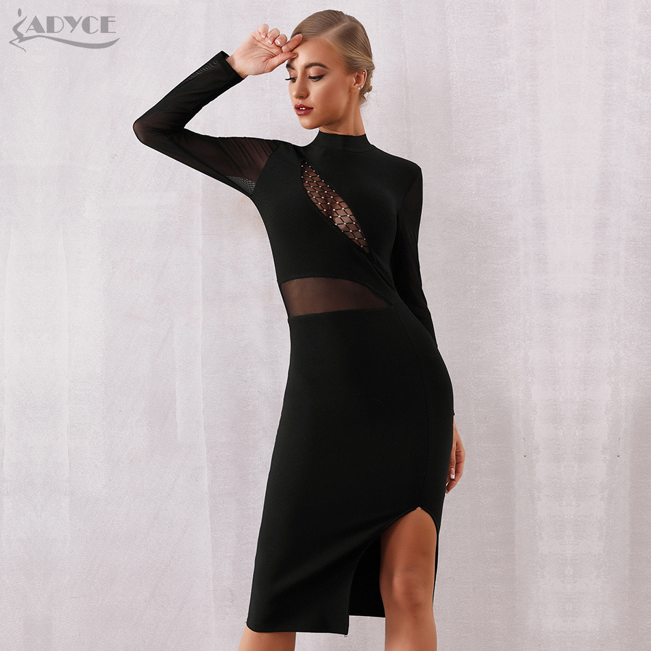   New Winter Long Sleeve Bodycon Bandage Dress Women Sexy Black Lace Hollow Out Midi Club Celebrity Evening Party Dress