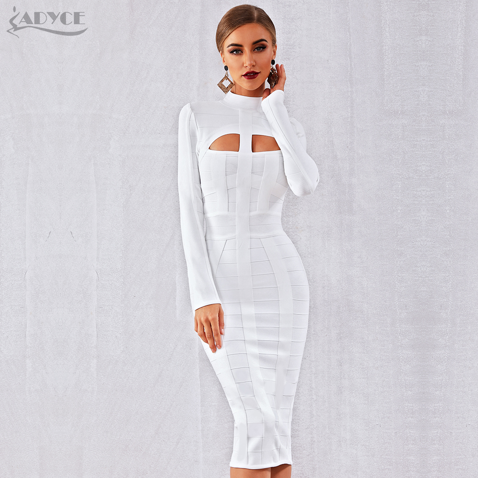   New Autumn Women Bodycon Bandage Dress White Long Sleeve Hollow Out Club Dress Vestidos Celebrity Evening Party Dress