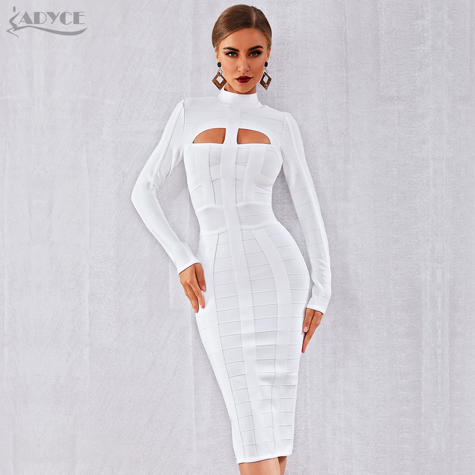   New Autumn Women Bodycon Bandage Dress White Long Sleeve Hollow Out Club Dress Vestidos Celebrity Evening Party Dress