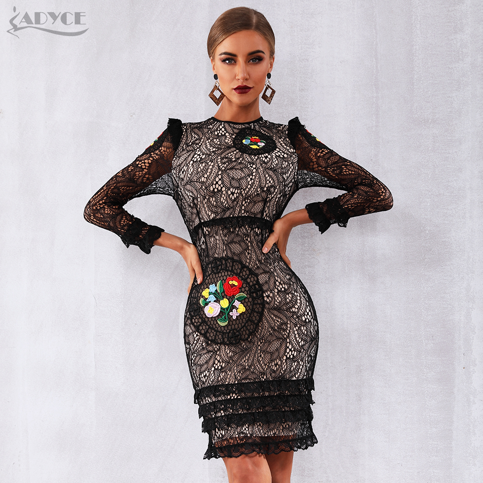   New Arrival Women Winter Celebrity Runway Party Dresses Vestidos Sexy Black Long Sleeve Lace Midi Ruffles Club Dress