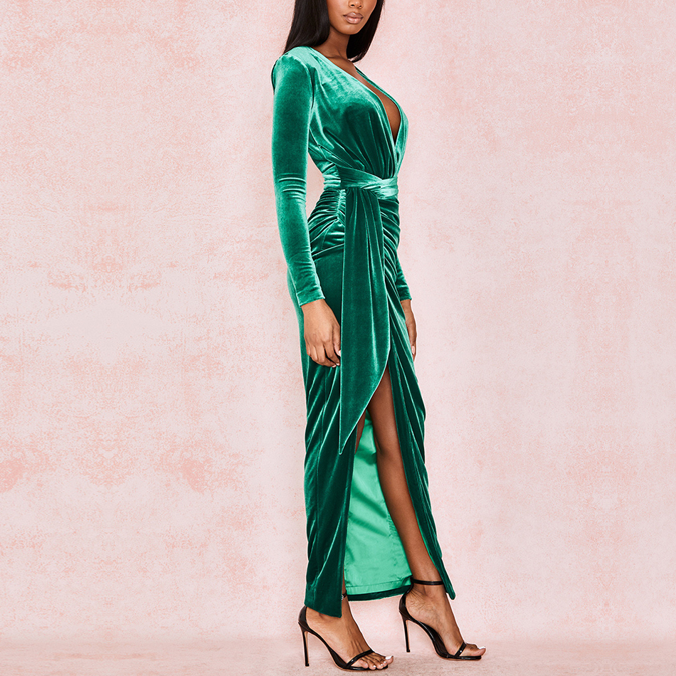   New Autumn Women Green Celebrity Evening Party Dress Sexy V Neck Long Sleeve Draped Maxi Bodycon Club Dress Vestidos