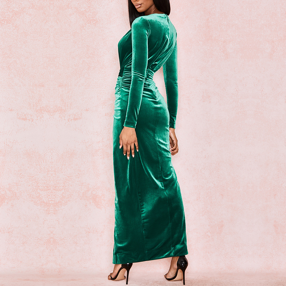   New Autumn Women Green Celebrity Evening Party Dress Sexy V Neck Long Sleeve Draped Maxi Bodycon Club Dress Vestidos