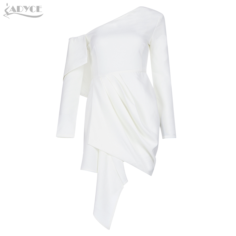   New Autumn White One Shoulder Ruffles Bandage Dress Women Long Sleeve Celebrity Evening Runway Party Dresses Vestidos