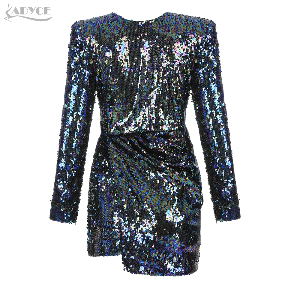   New Autumn Long Sleeve Sequined Celebrity Evening Runway Party Dress Women Vestidos Sexy Draped Mini Length Cub Dress