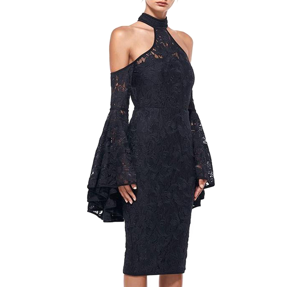   New Autumn Lace Bodycon Bandage Dress Women Black Long Flare Sleeve Halter Midi Celebrity Runway Party Dress Vestidos