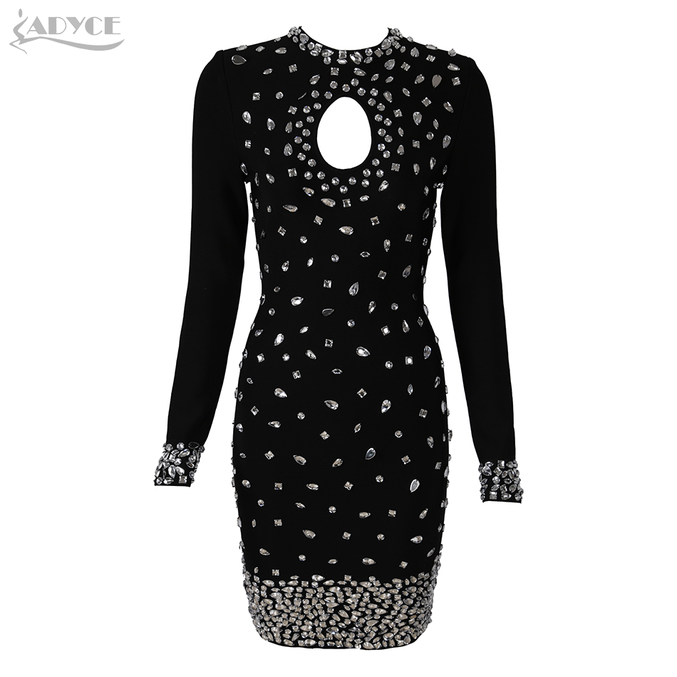   New Winter Women Bandage Dress Sexy Long Sleeve Luxury Mini Beading Club Dress Vestidos Celebrity Evening Party Dress