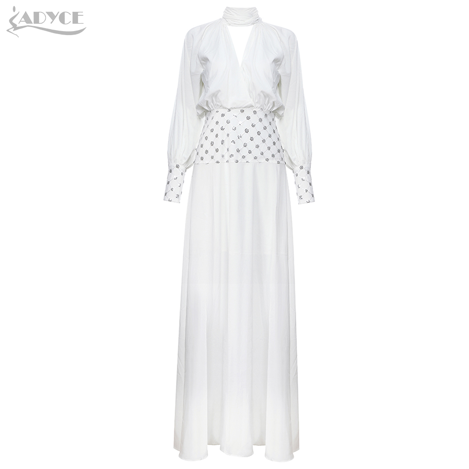   New Autumn White Luxury Sequined Celebrity Evening Runway Party Dress Sexy V Neck Long Sleeve Lace Bodycon Club Dress