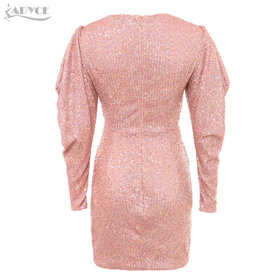   New Autumn Luxury Sequined Bodycon Celebrity Evening Party Dress Women Sexy V Neck Ruffles Pink Club Dress Vestidos