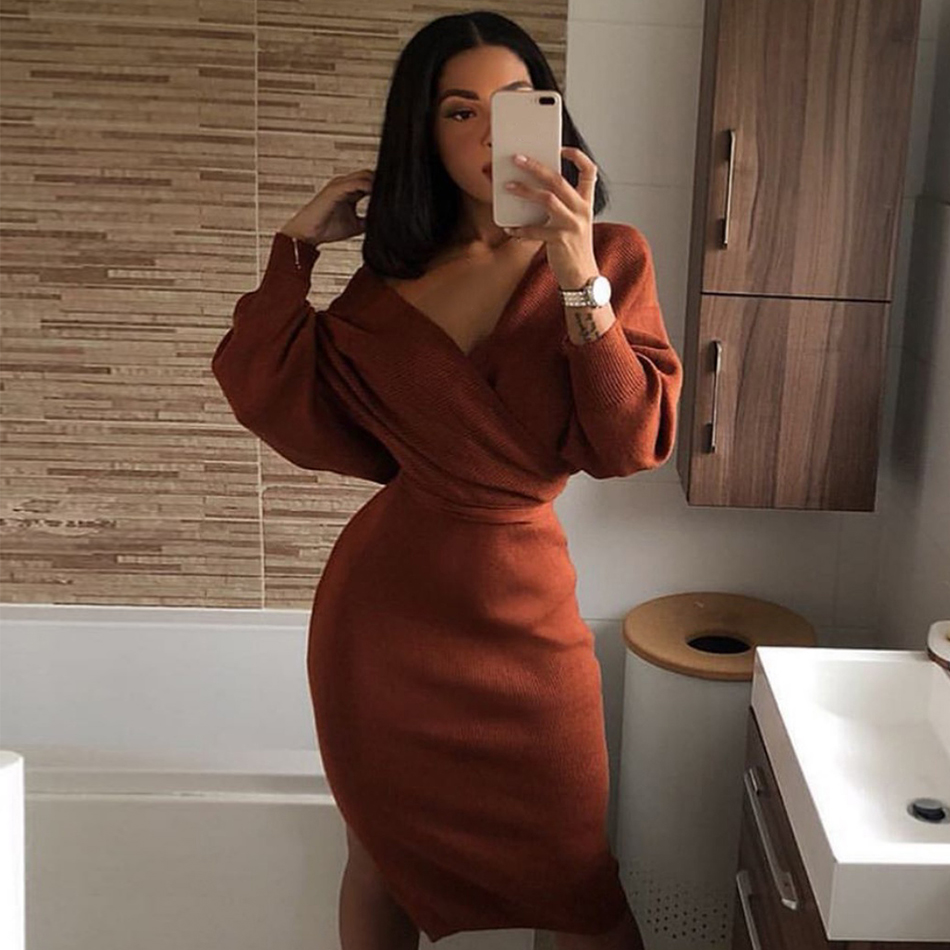   New Autumn Long Sleeve Bandage Dress Women Sexy Off Shoulder Solid Bodycon Club Celebrity Evening Party Dress Vestido
