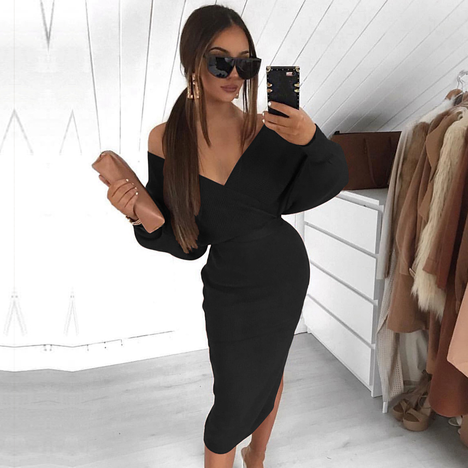   New Autumn Long Sleeve Bandage Dress Women Sexy Off Shoulder Solid Bodycon Club Celebrity Evening Party Dress Vestido