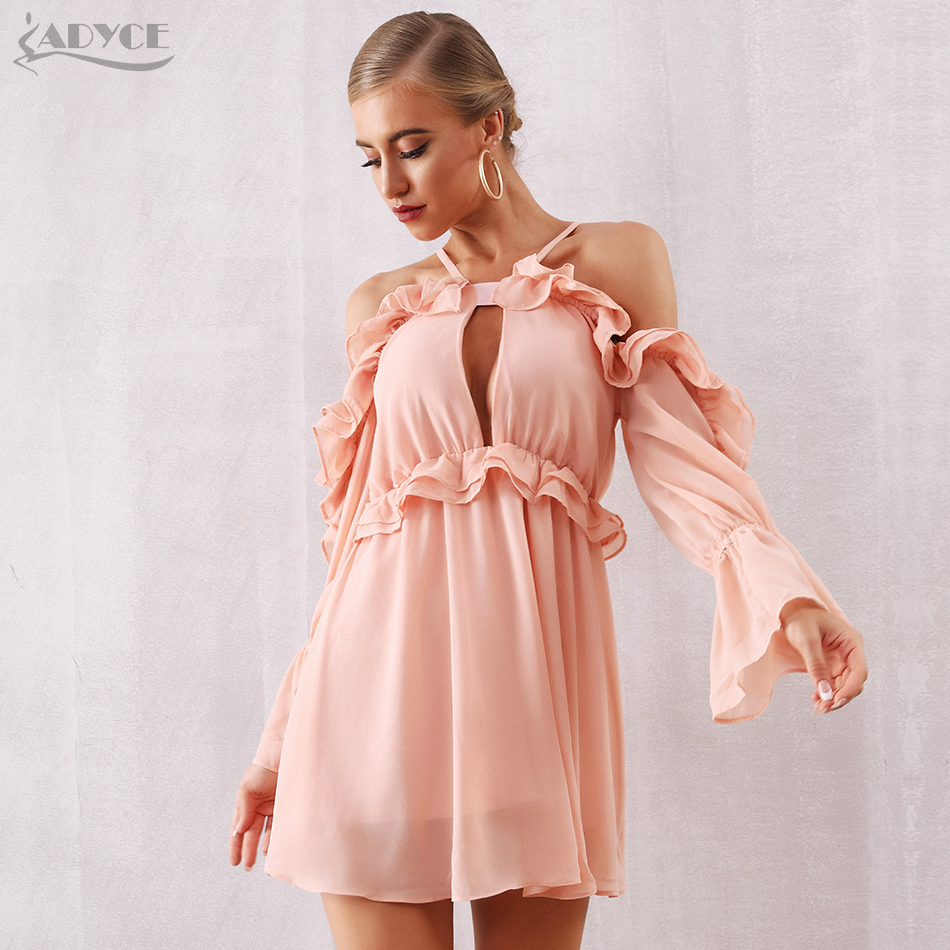   New Autum Women Ruffles Celebrity Evening Party Dress Sexy Hollow Out Off Shoulder Mini Spaghetti Strap Club Dresses