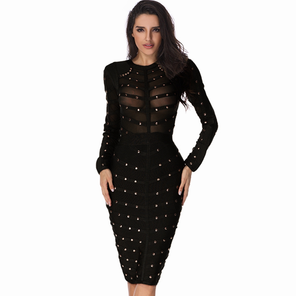  New Women party Dress Bodycon Dress Long Sleeve Studded Button Olive Mesh High Neck Celebrity Sexy Bandage Dress Wholesale