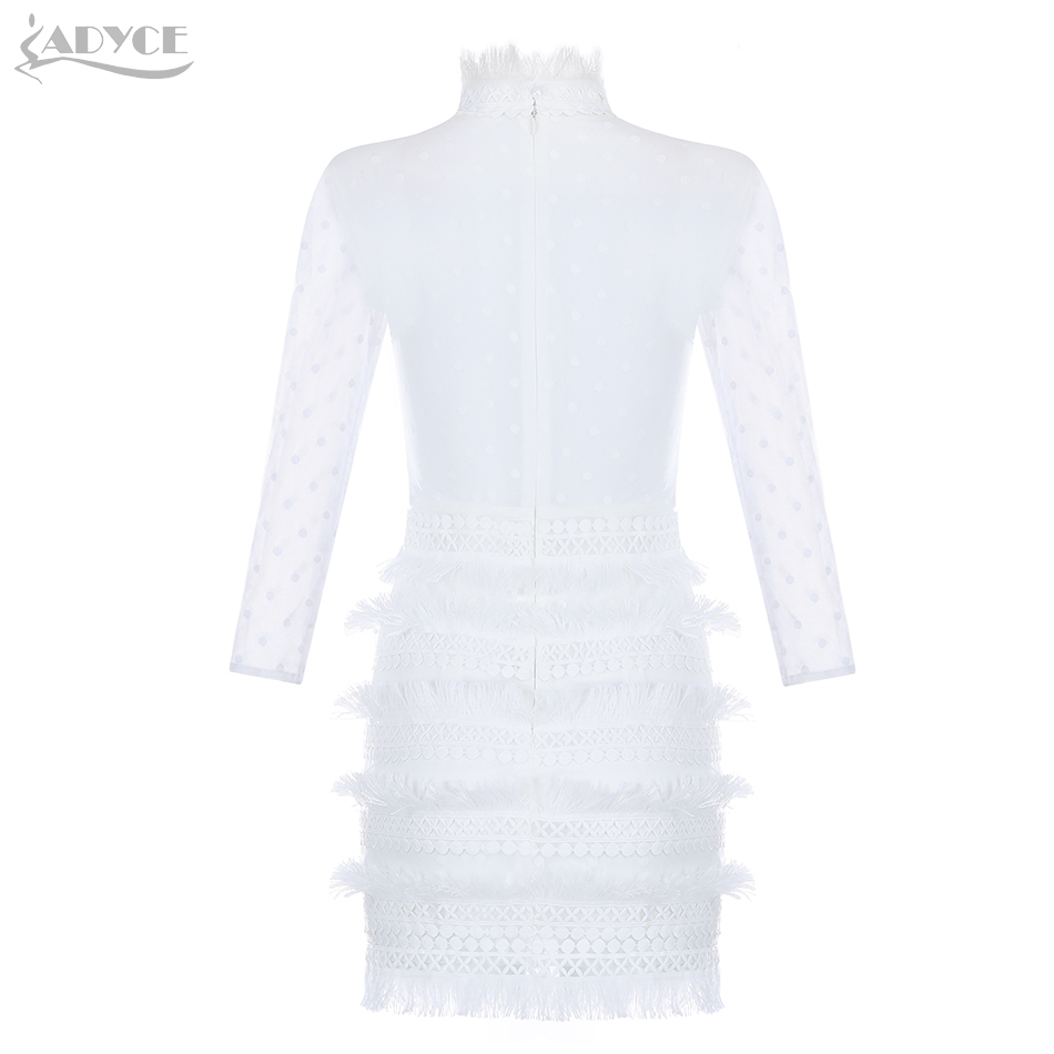   New Women Lace Celebrity Evening Party Dress Sexy White Hollow Out Tassel Mini Long Sleeve Bodycon Fringe Club Dress