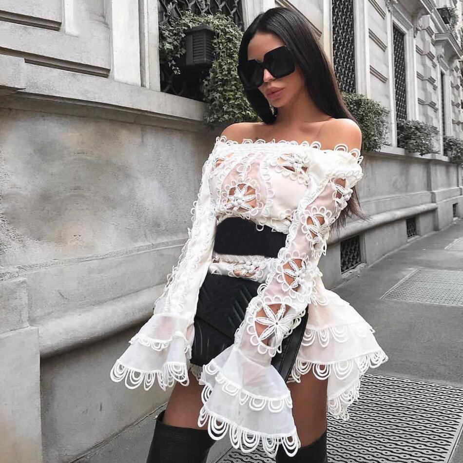   New Summer Chic White Celebrity Runway Party Dress Women Sexy O Neck Flare Sleeve Lace Hollow Out Club Dress Vestidos