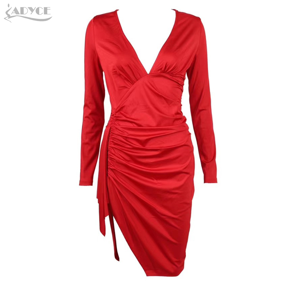   New Winter Long Sleeve Draped Bodycon Club Dress Women Sexy Split Red Deep V Neck Midi Celebrity Evening Party Dress