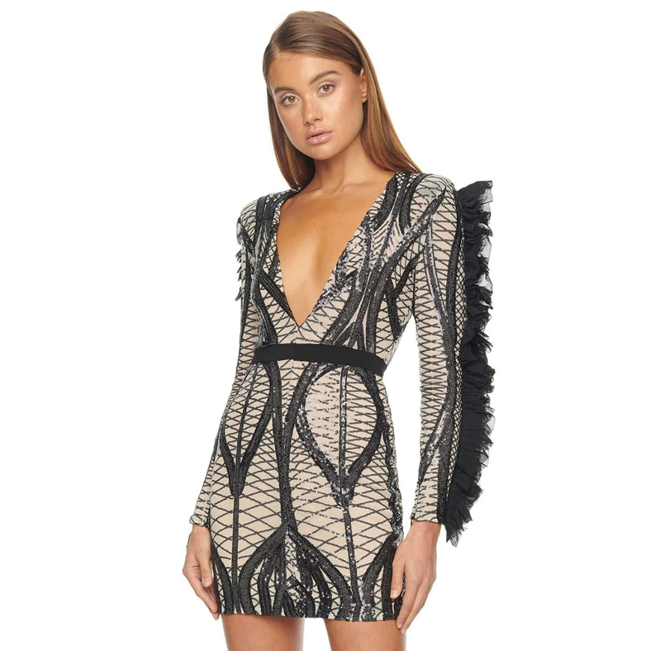  New Winter Sequined Bodycon Bandage Dress Women Sexy V Neck Ruffles Club Lace Celebrity Evening Runway Party Dresses