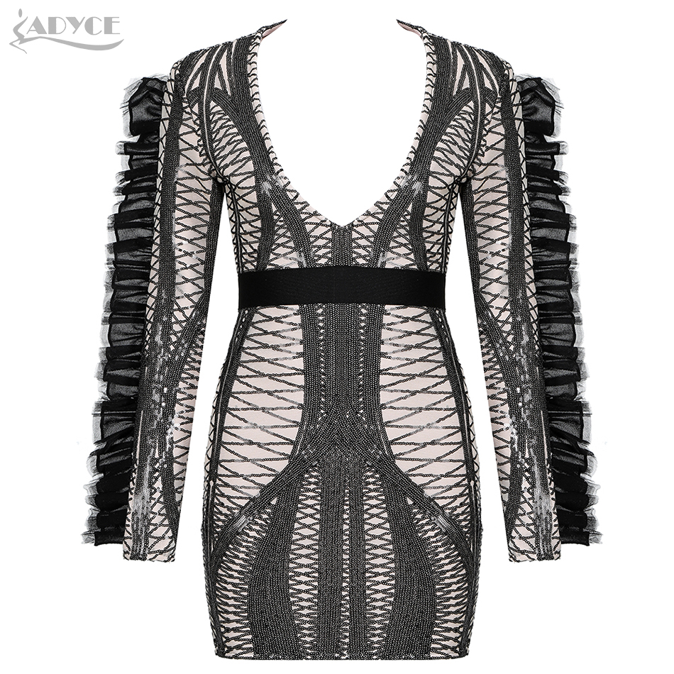  New Winter Sequined Bodycon Bandage Dress Women Sexy V Neck Ruffles Club Lace Celebrity Evening Runway Party Dresses