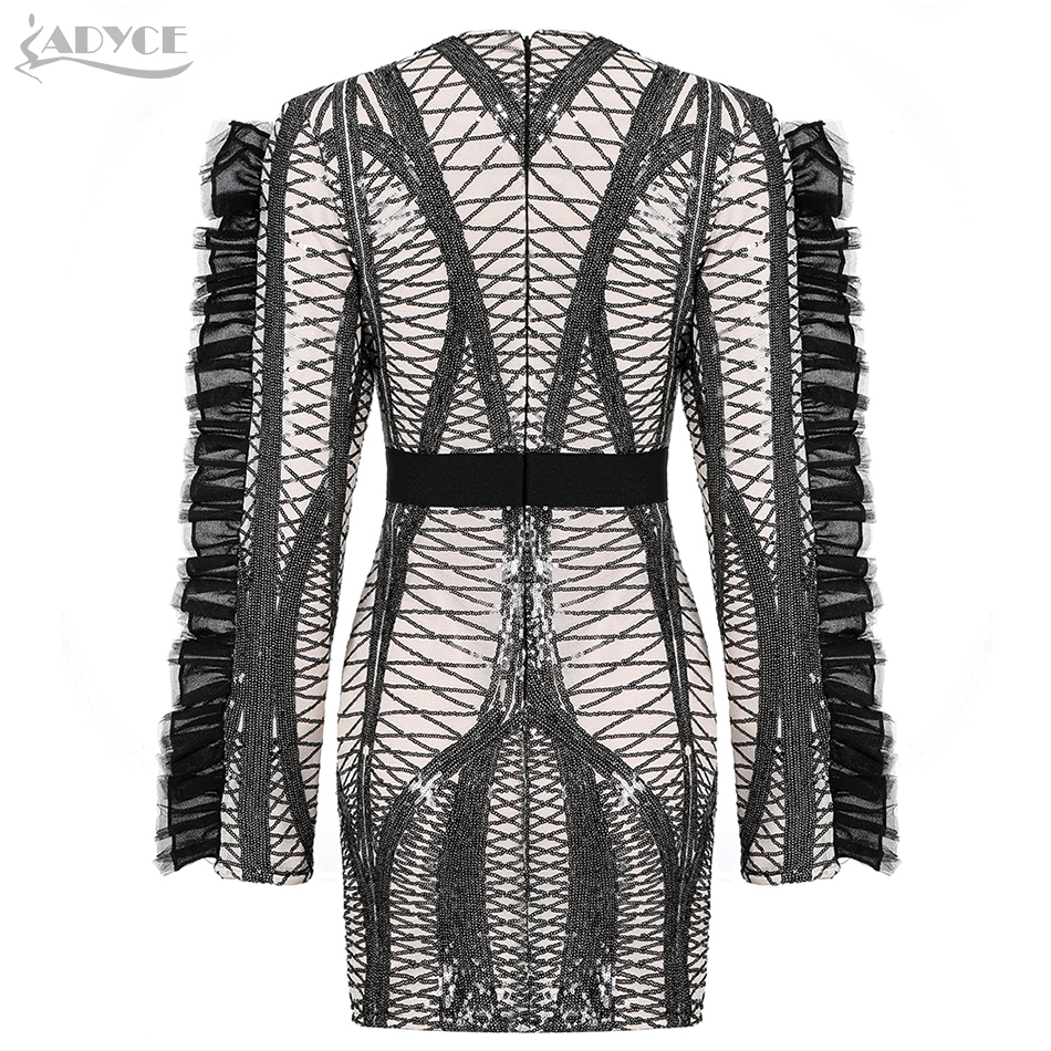   New Winter Sequined Bodycon Bandage Dress Women Sexy V Neck Ruffles Club Lace Celebrity Evening Runway Party Dresses