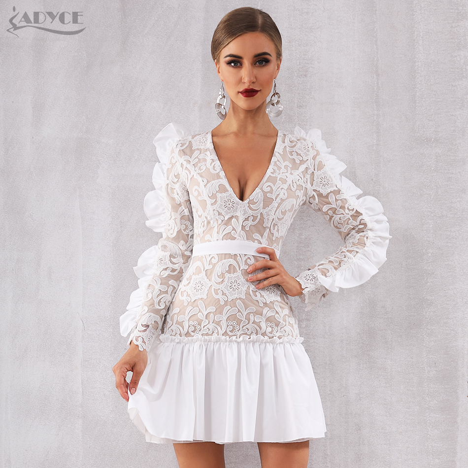  Lace Celebrity Evening Runway Party Dress Vestidos  New Winter Sexy V Neck Long Sleeve Mini Ruffles Women Club Dresses