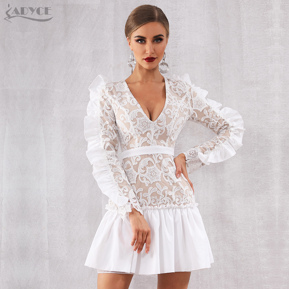  Lace Celebrity Evening Runway Party Dress Vestidos  New Winter Sexy V Neck Long Sleeve Mini Ruffles Women Club Dresses