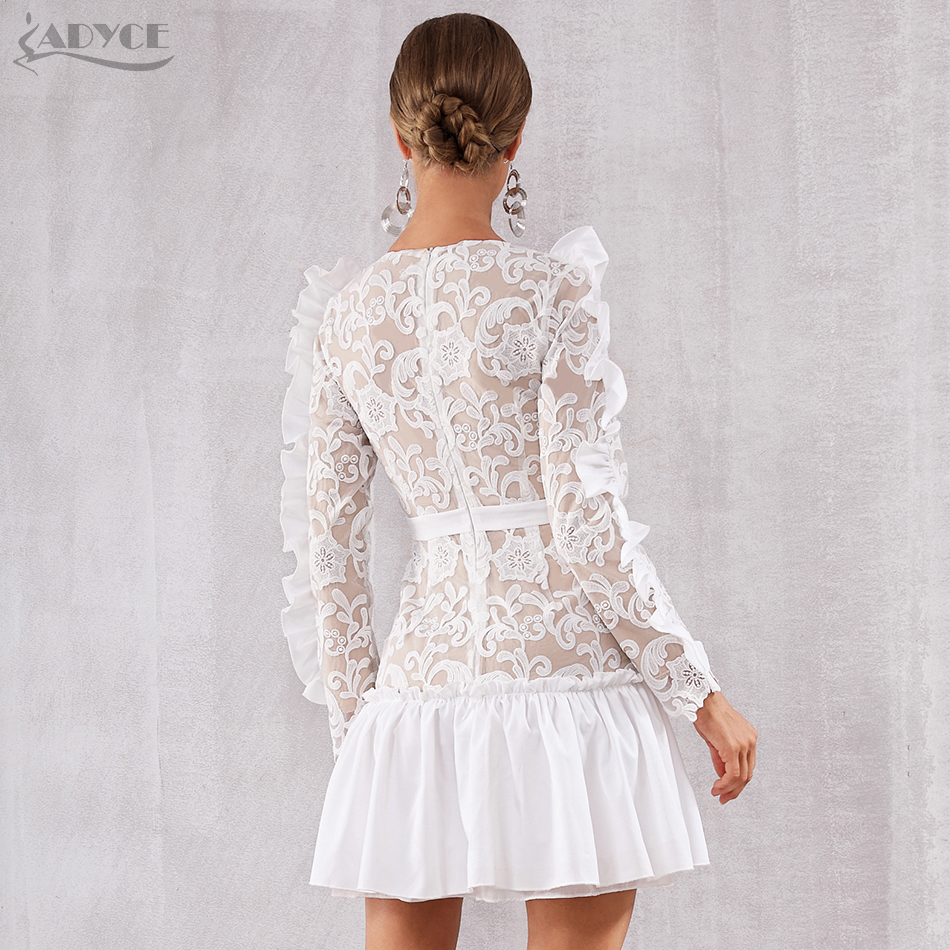  Lace Celebrity Evening Runway Party Dress Vestidos  New Winter Sexy V Neck Long Sleeve Mini Ruffles Women Club Dresses