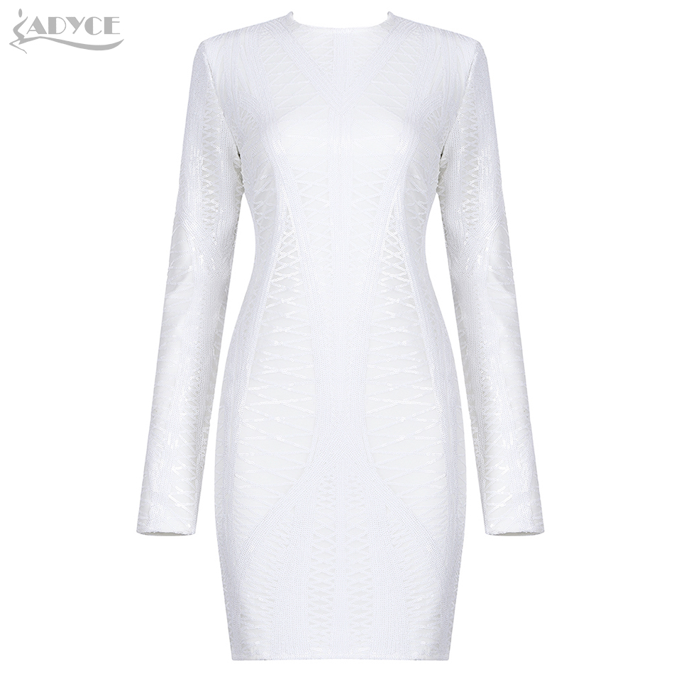   New Winter Long Sleeve Sequined Bodycon Bandage Dress Women Sexy White Mini Club Celebrity Evening Runway Party Dress