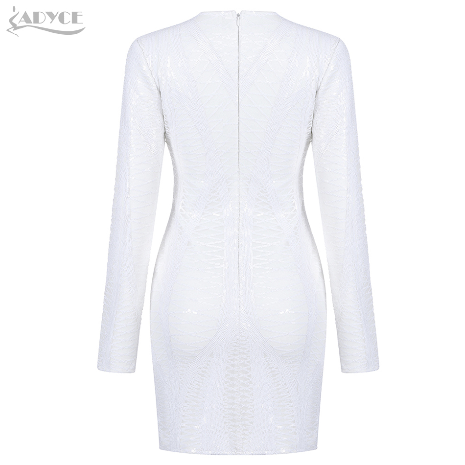   New Winter Long Sleeve Sequined Bodycon Bandage Dress Women Sexy White Mini Club Celebrity Evening Runway Party Dress