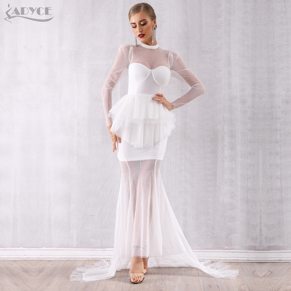   New Winter Maxi Women Evening Party Dress Luxury Sexy Long Sleeve White Lace Hollow Out Ruffles Club Dresses Vestidos