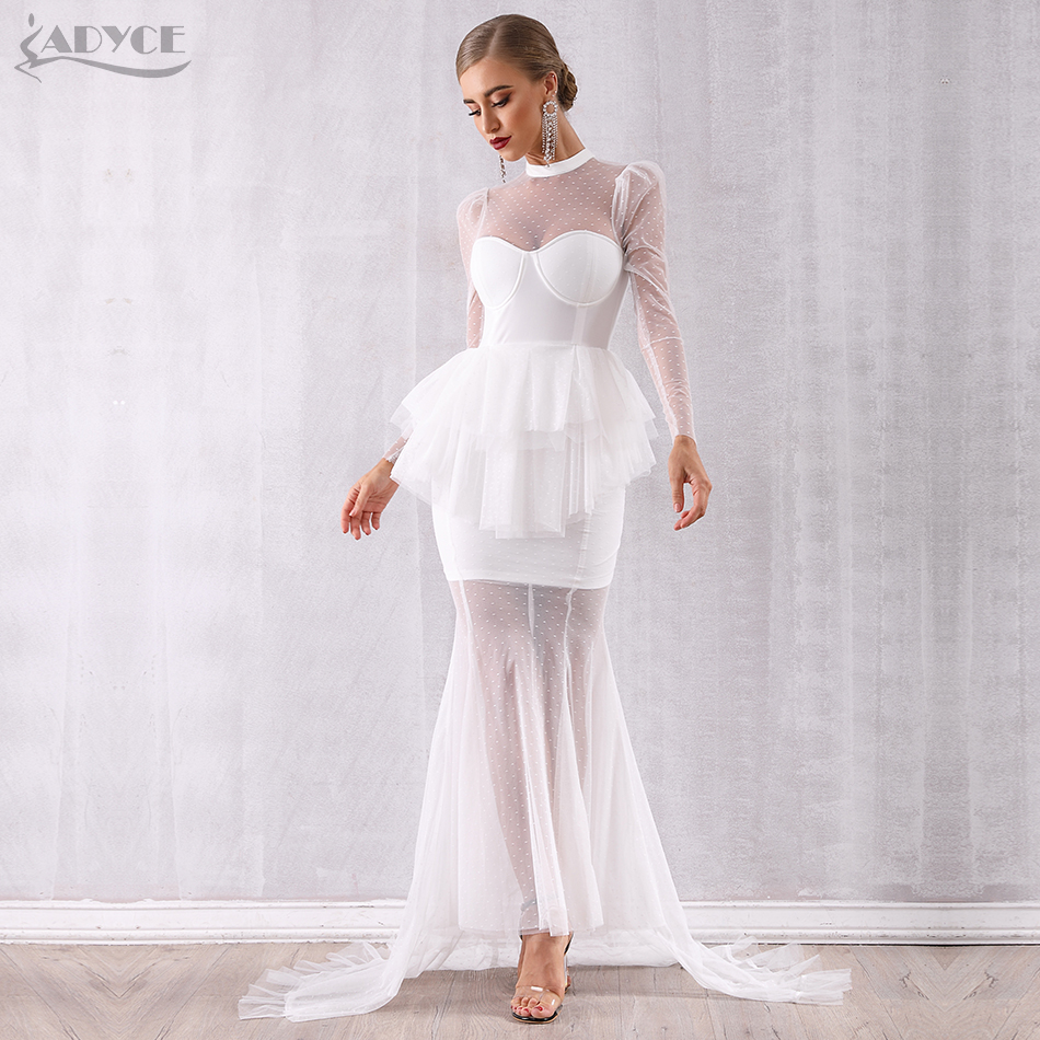   New Winter Maxi Women Evening Party Dress Luxury Sexy Long Sleeve White Lace Hollow Out Ruffles Club Dresses Vestidos