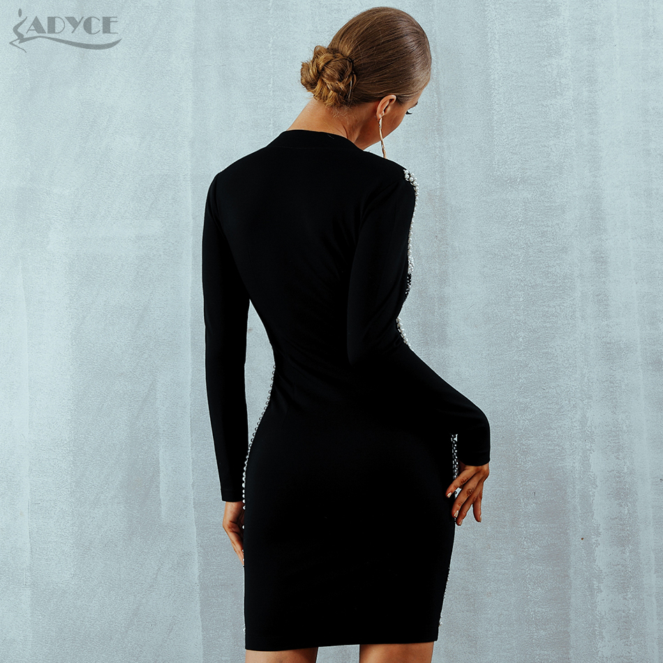   Women Summer Bandage Dress Vestidos Celebrity Evening Party Dress Sexy Black Long Sleeve Beading Pearls Runway Dress