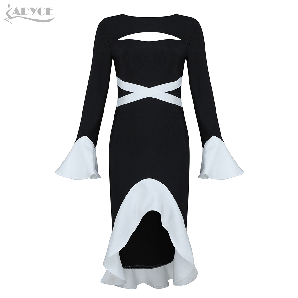   Winter Women Bandage Dress Sexy Flare Sleeve Mermaid Club Dress Black Elegant Celebrity Evening Party Dress Vestidos