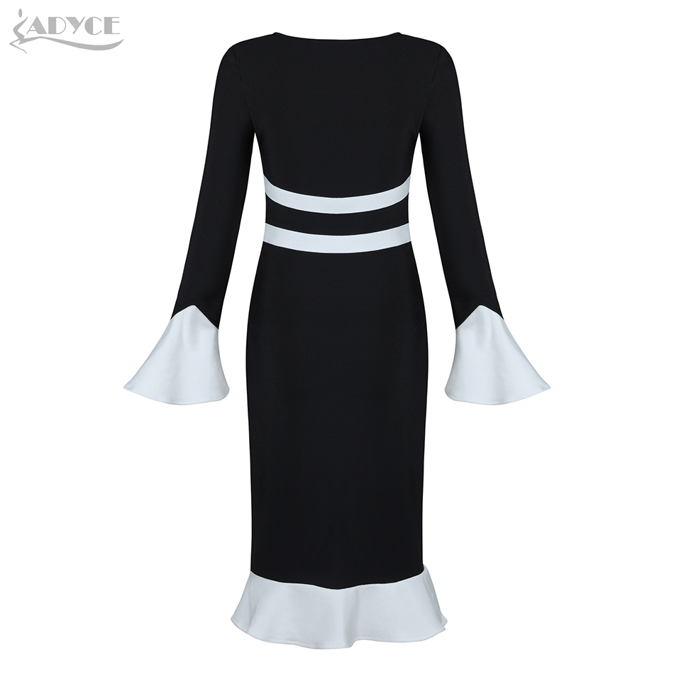   Winter Women Bandage Dress Sexy Flare Sleeve Mermaid Club Dress Black Elegant Celebrity Evening Party Dress Vestidos