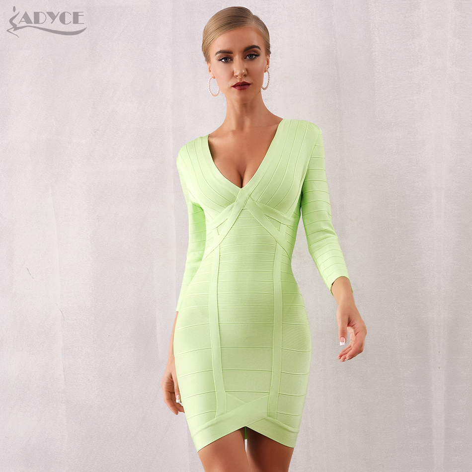   New Winter Long Sleeve Bodycon Bandage Dress Women Sexy Mini Club Dress Vestidos Green Celebrity Evening Party Dress