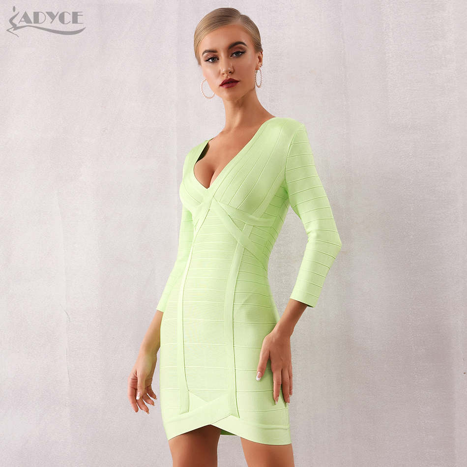   New Winter Long Sleeve Bodycon Bandage Dress Women Sexy Mini Club Dress Vestidos Green Celebrity Evening Party Dress