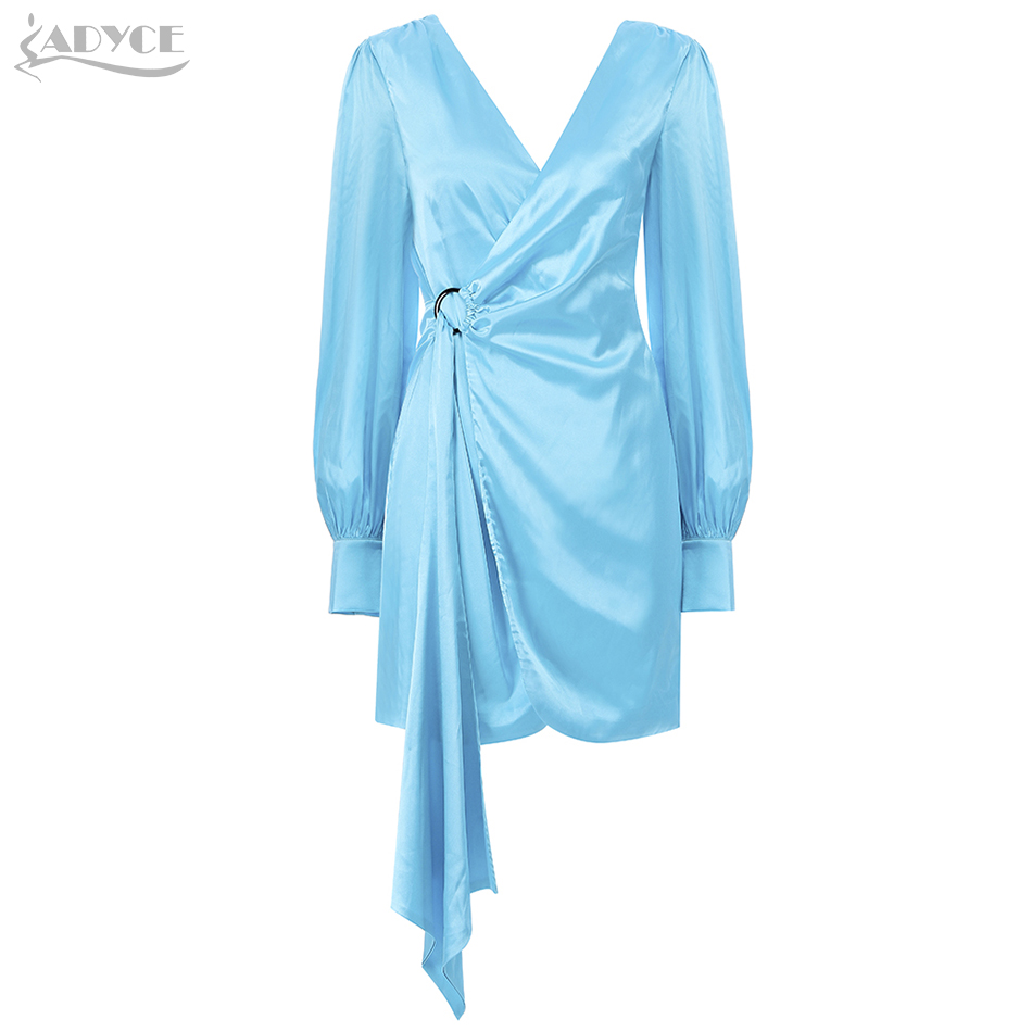   New Autumn Women Sky Blue Celebrity Evening Party Dress Elegant Long Sleeve Mini V Neck Draped Club Dresses Vestidos