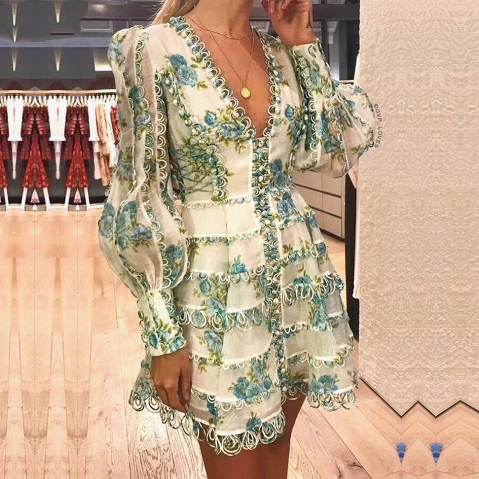  Celebrity Evening Party Dress Vestidos Verano  New Sexy V Neck Puff Long Sleeve Mini Lace Women Runway Dress Clubwears