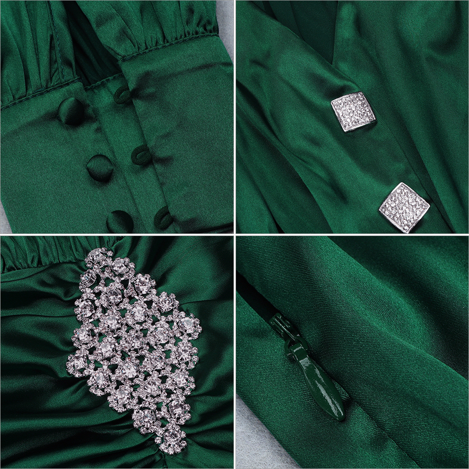   New Spring Women Celebrity Evening Party Dress Vestidos Sexy Long Deep V Sleeve Green Diamond Mini Draped Club Dress