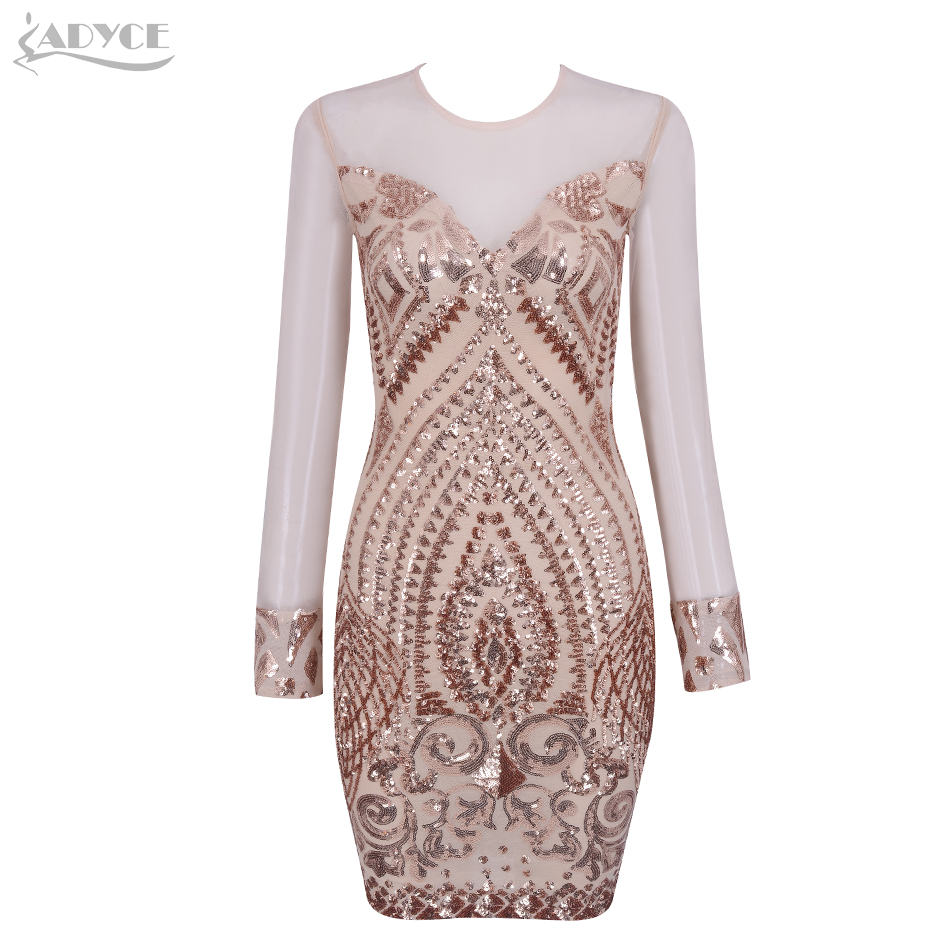   New Summer Celebrity Evening Party Dress Women Sexy Long Sleeve Sequin O Neck Lace Hollow Out Mini Club Dress Vestido