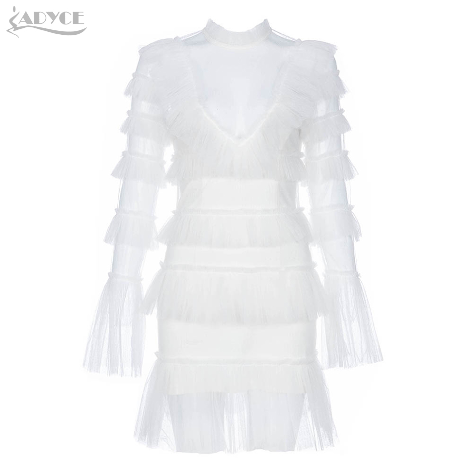   New Autumn Elegant Women Celebrity Evening Party Dress Vestidos Luxury White Lace Ruffle Sexy Long Sleeve Club Dress