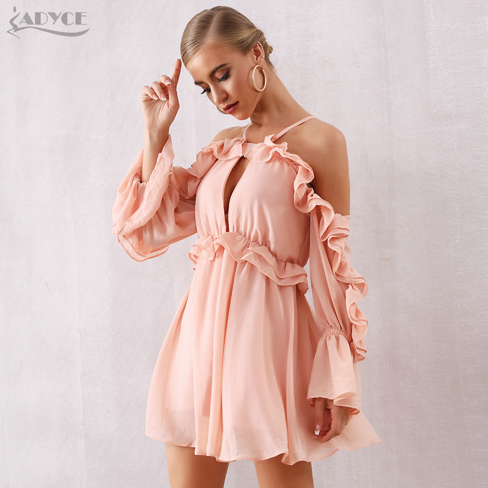   New Winter Women Mini Celebrity Evening Party Dress Sexy Hollow Out Off Shoulder Spaghetti Strap Ruffles Club Dresses