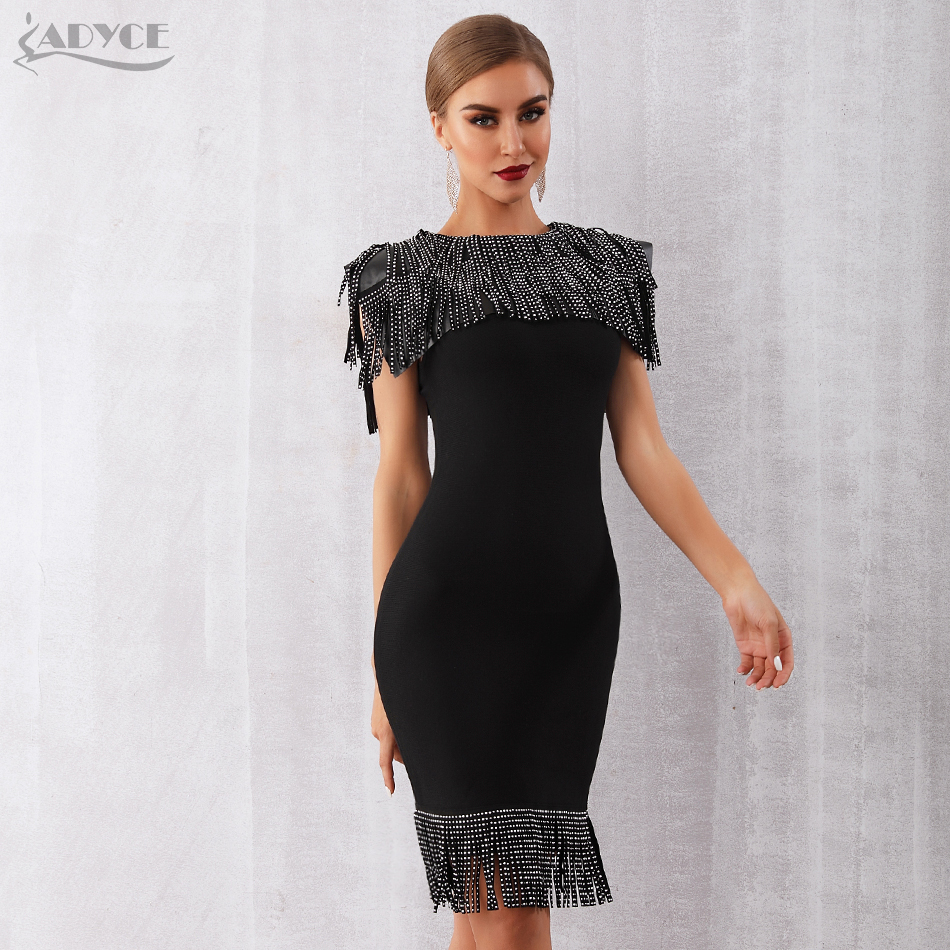   New Summer Women Midi Bandage Dress Sexy Sleeveless Fringe Tassel Club Dresses Vestidos Celebrity Evening Party Dress