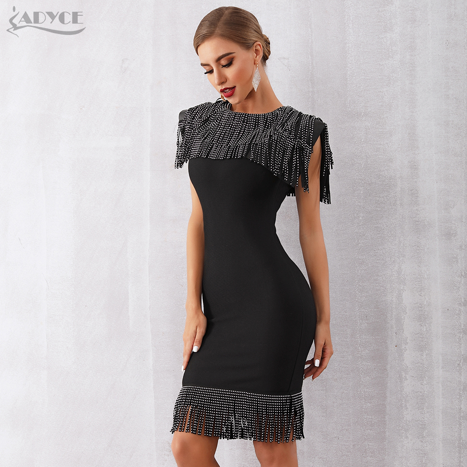   New Summer Women Midi Bandage Dress Sexy Sleeveless Fringe Tassel Club Dresses Vestidos Celebrity Evening Party Dress