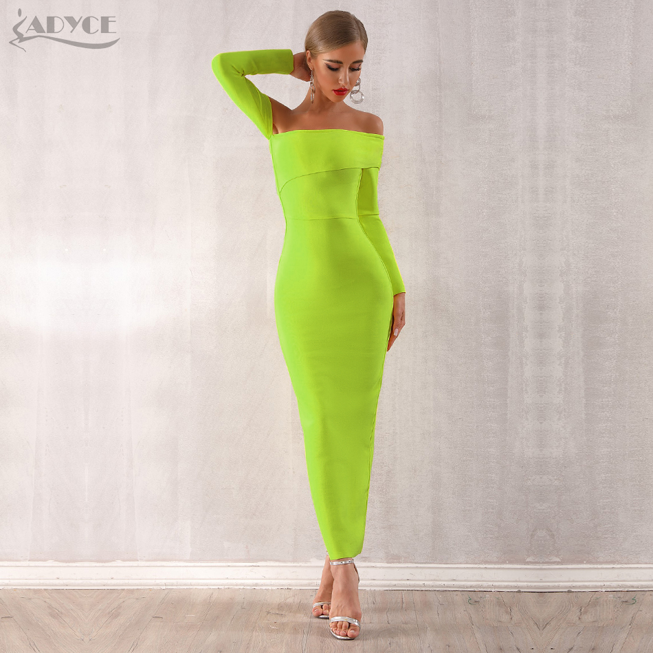   New Winter Sexy Women Bandage Dress Vestidos Long Sleeve Yellow Green Off Shoulder Maxi Celebrity Evening Party Dress